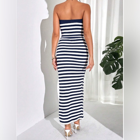 Blue/White Striped Print Tube Top & Split Hem Skirt - Picture 2 of 7